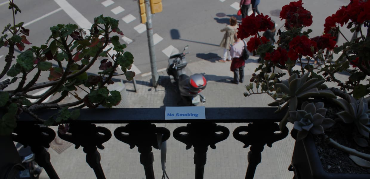 flowers and railing looking down on the street from sleep green barcelona